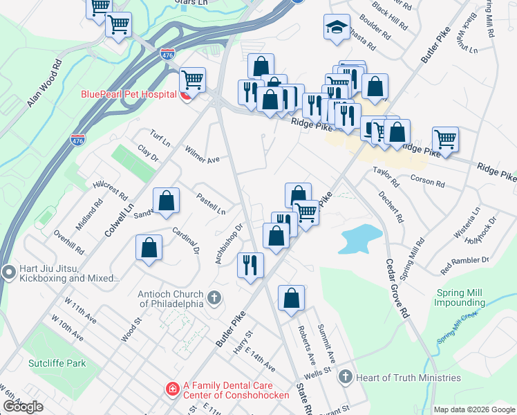 map of restaurants, bars, coffee shops, grocery stores, and more near 106 West North Lane in Conshohocken