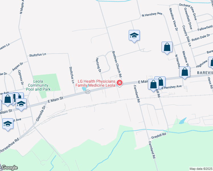 map of restaurants, bars, coffee shops, grocery stores, and more near 125 East Main Street in Leola