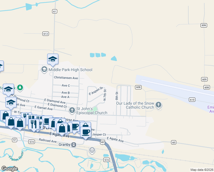 map of restaurants, bars, coffee shops, grocery stores, and more near 442 7th St in Granby