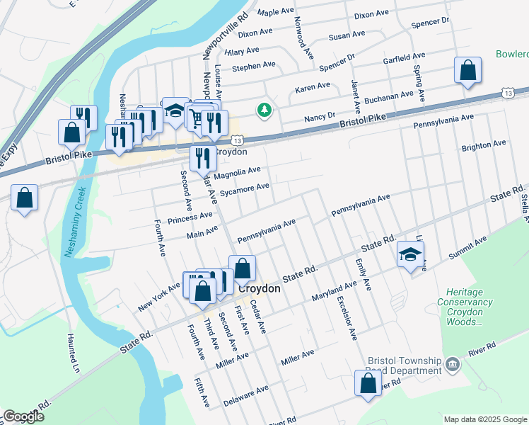 map of restaurants, bars, coffee shops, grocery stores, and more near 1008 Main Avenue in Croydon