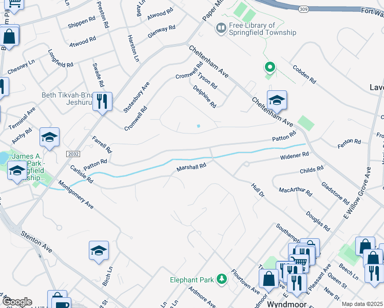 map of restaurants, bars, coffee shops, grocery stores, and more near 8708 Patton Road in Wyndmoor