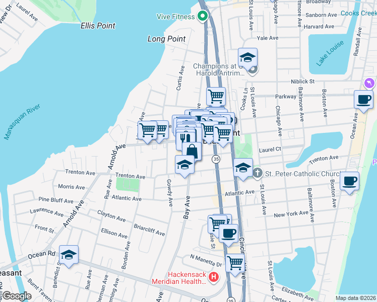 map of restaurants, bars, coffee shops, grocery stores, and more near 529b Bay Avenue in Point Pleasant