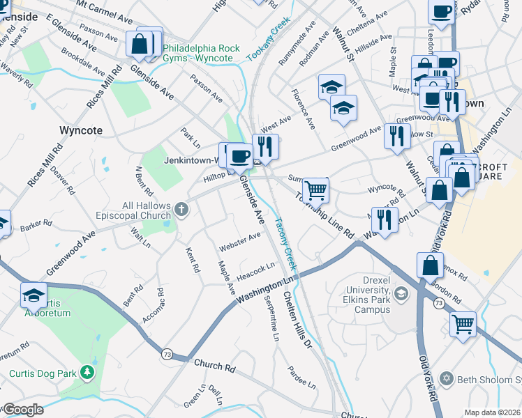 map of restaurants, bars, coffee shops, grocery stores, and more near 218 Glenside Avenue in Wyncote