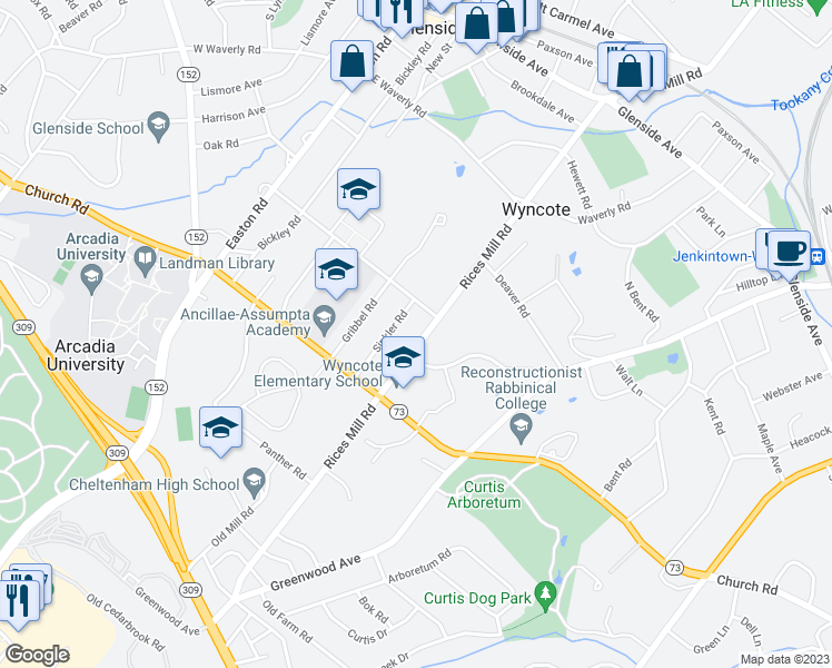 map of restaurants, bars, coffee shops, grocery stores, and more near 324 Rices Mill Road in Wyncote