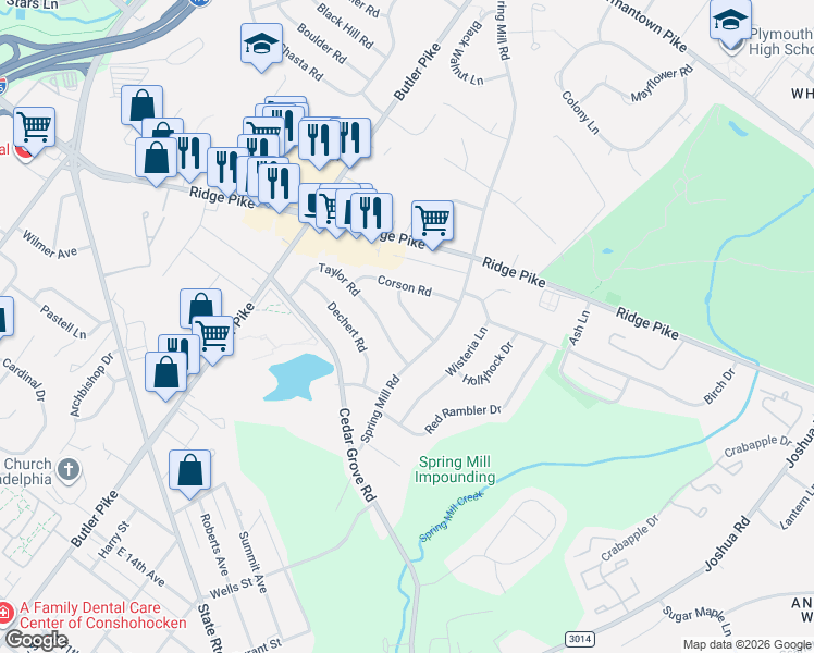 map of restaurants, bars, coffee shops, grocery stores, and more near 41 Taylor Road in Conshohocken