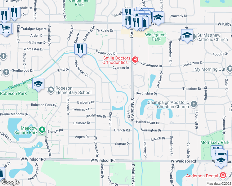 map of restaurants, bars, coffee shops, grocery stores, and more near 1915 Barberry Circle in Champaign