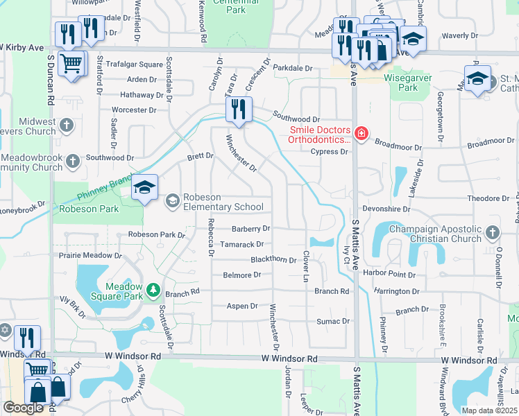 map of restaurants, bars, coffee shops, grocery stores, and more near 2207 Glenoak Drive in Champaign