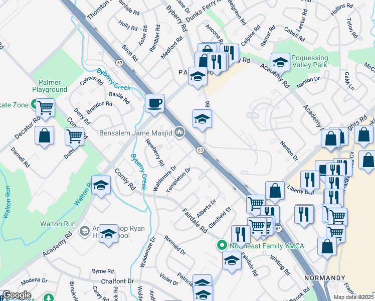 map of restaurants, bars, coffee shops, grocery stores, and more near 12042 Waldemire Drive in Philadelphia
