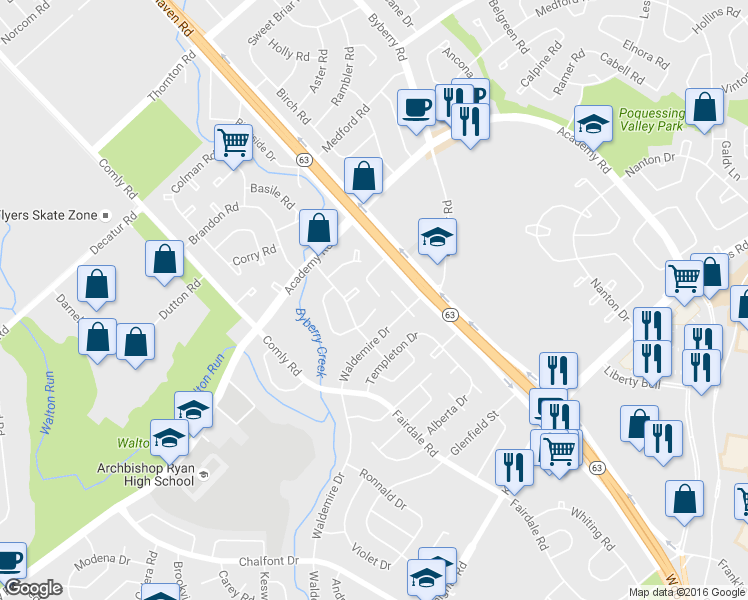 map of restaurants, bars, coffee shops, grocery stores, and more near 12023 Salina Place in Philadelphia