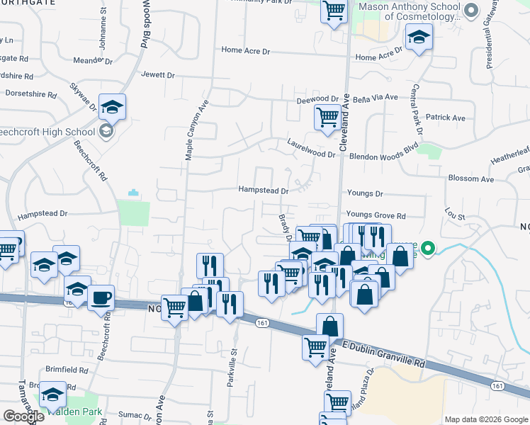 map of restaurants, bars, coffee shops, grocery stores, and more near 2425 Hannaway Lane in Columbus