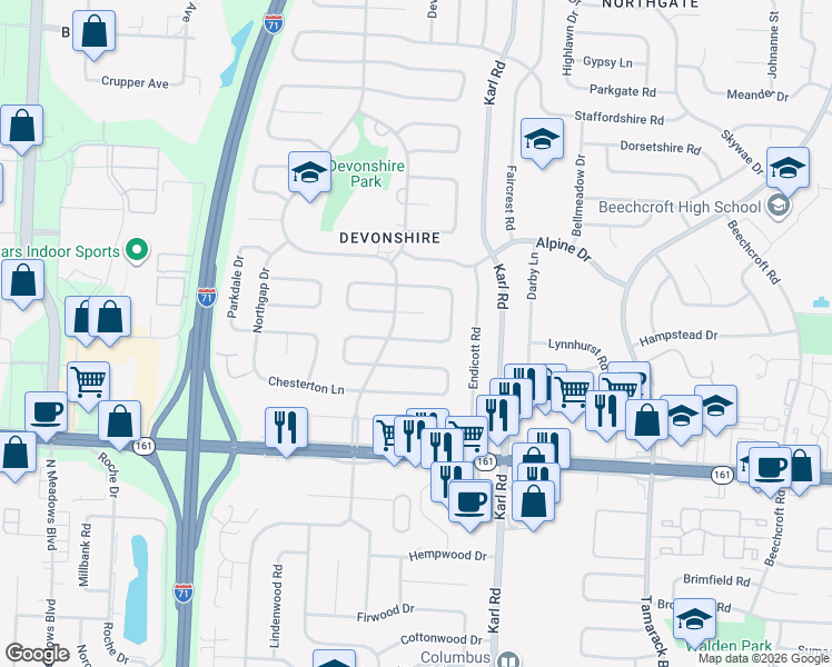 map of restaurants, bars, coffee shops, grocery stores, and more near 1431 Burnley Square South in Columbus