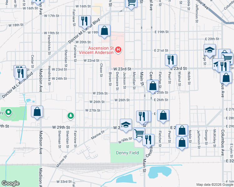 map of restaurants, bars, coffee shops, grocery stores, and more near 2509 Delaware Street in Anderson
