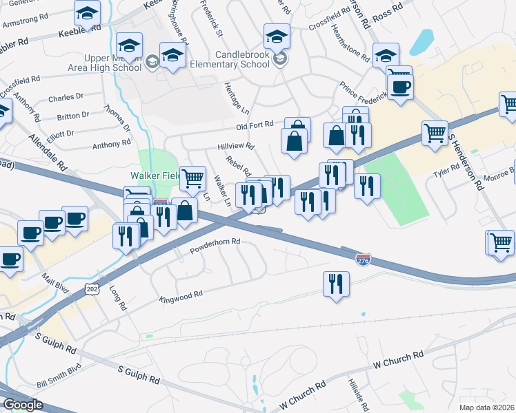 map of restaurants, bars, coffee shops, grocery stores, and more near Route 202 in King of Prussia