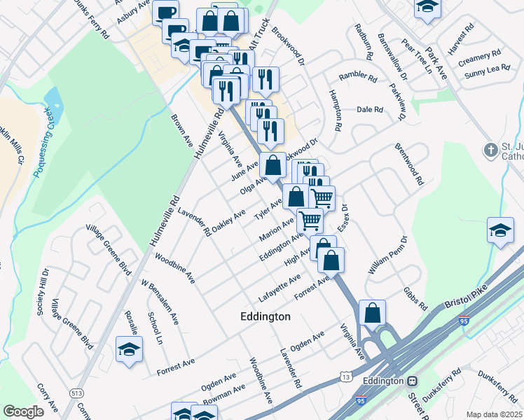 map of restaurants, bars, coffee shops, grocery stores, and more near 2843 Tyler Avenue in Bensalem