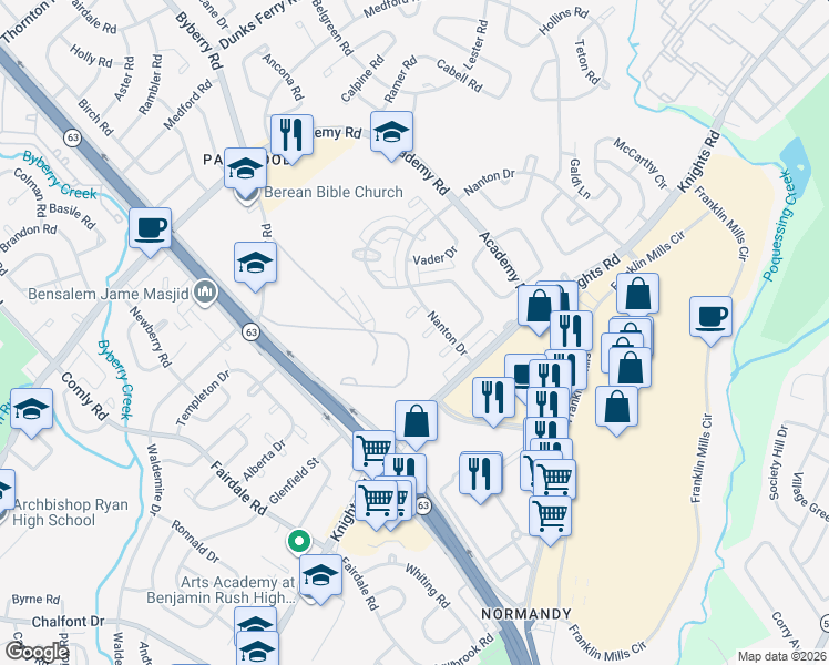 map of restaurants, bars, coffee shops, grocery stores, and more near 3610 Nanton Place in Philadelphia