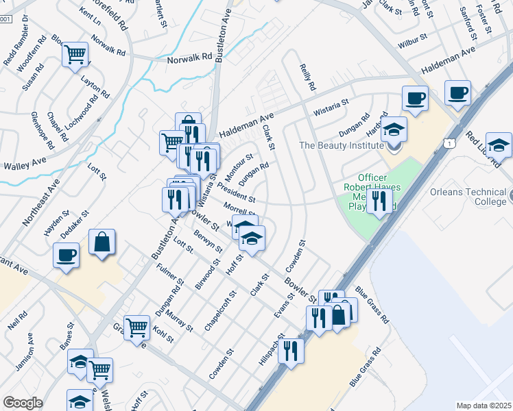 map of restaurants, bars, coffee shops, grocery stores, and more near 1952 President Street in Philadelphia