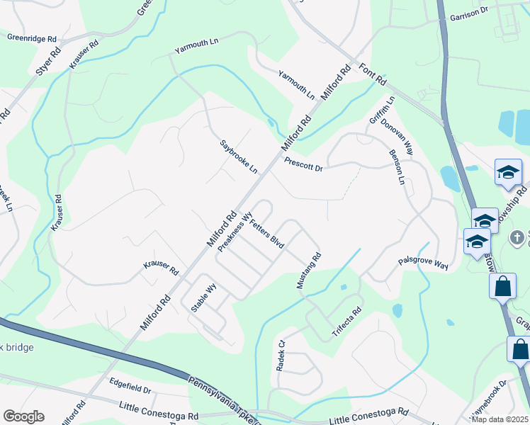 map of restaurants, bars, coffee shops, grocery stores, and more near 164 Preakness Way in Chester County