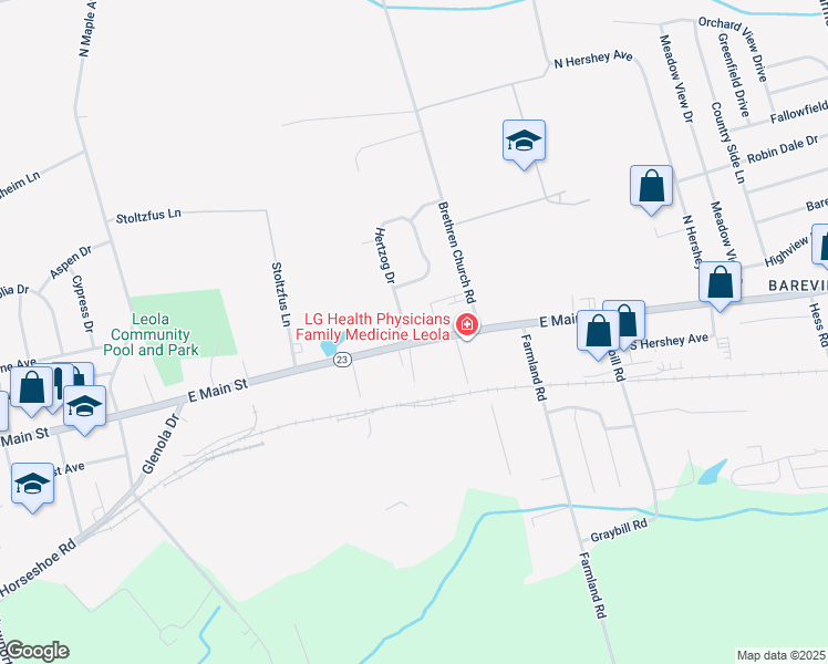 map of restaurants, bars, coffee shops, grocery stores, and more near 125 East Main Street in Leola