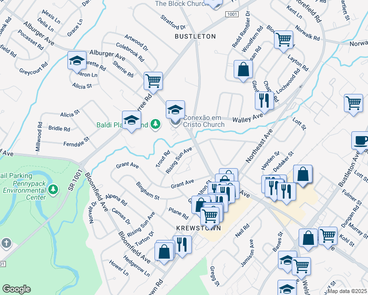 map of restaurants, bars, coffee shops, grocery stores, and more near 9346 Rising Sun Ave in Philadelphia