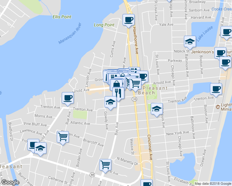 map of restaurants, bars, coffee shops, grocery stores, and more near 529b Bay Avenue in Point Pleasant