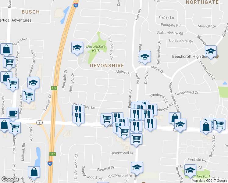 map of restaurants, bars, coffee shops, grocery stores, and more near 1431 Burnley Square South in Columbus