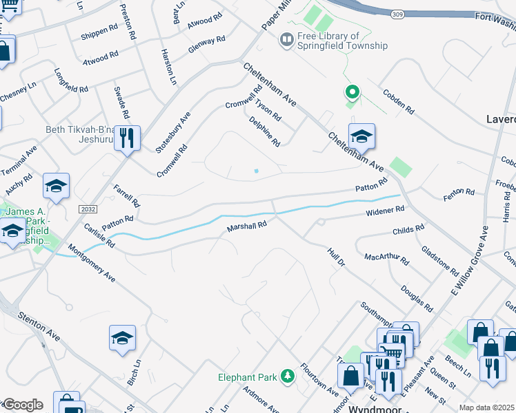map of restaurants, bars, coffee shops, grocery stores, and more near 8704 Patton Road in Wyndmoor