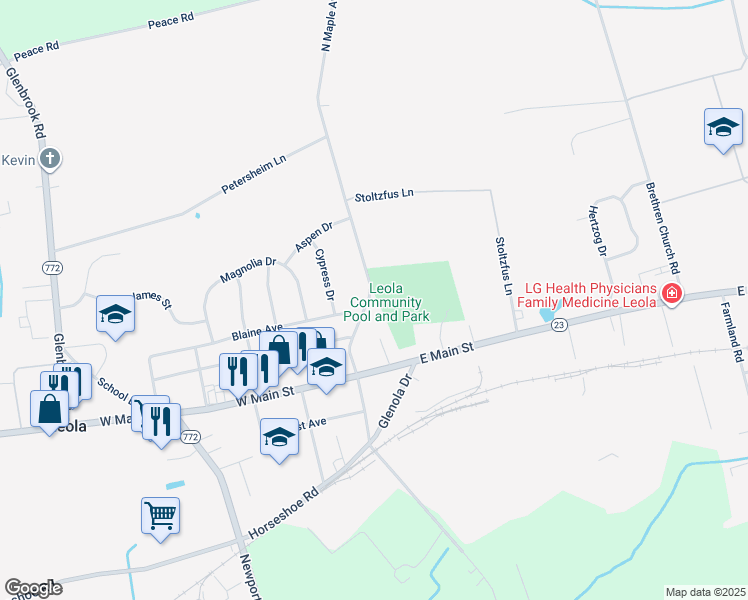 map of restaurants, bars, coffee shops, grocery stores, and more near 39 North Maple Avenue in Leacock-Leola-Bareville