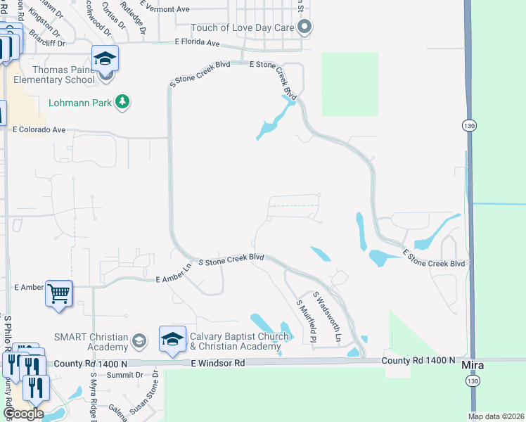 map of restaurants, bars, coffee shops, grocery stores, and more near 2701 River Birch Lane in Urbana