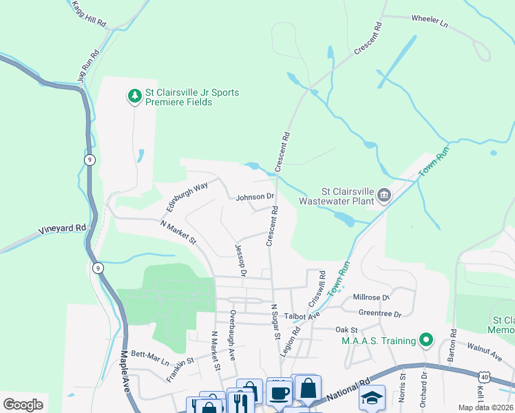 map of restaurants, bars, coffee shops, grocery stores, and more near 49343 Harwin Drive in Saint Clairsville