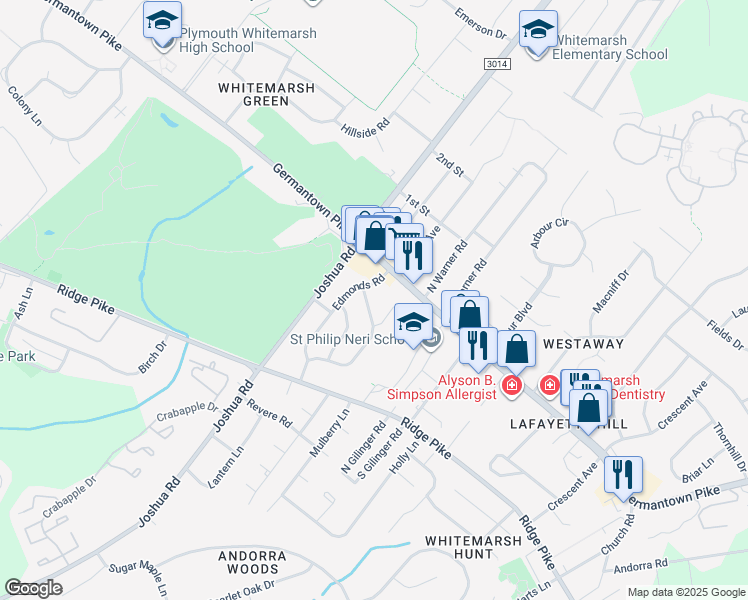 map of restaurants, bars, coffee shops, grocery stores, and more near 3036 Mathers Mill Road in Lafayette Hill