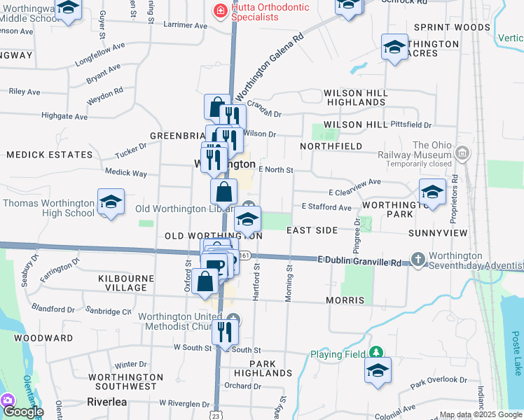 map of restaurants, bars, coffee shops, grocery stores, and more near 809 Hartford Street in Worthington