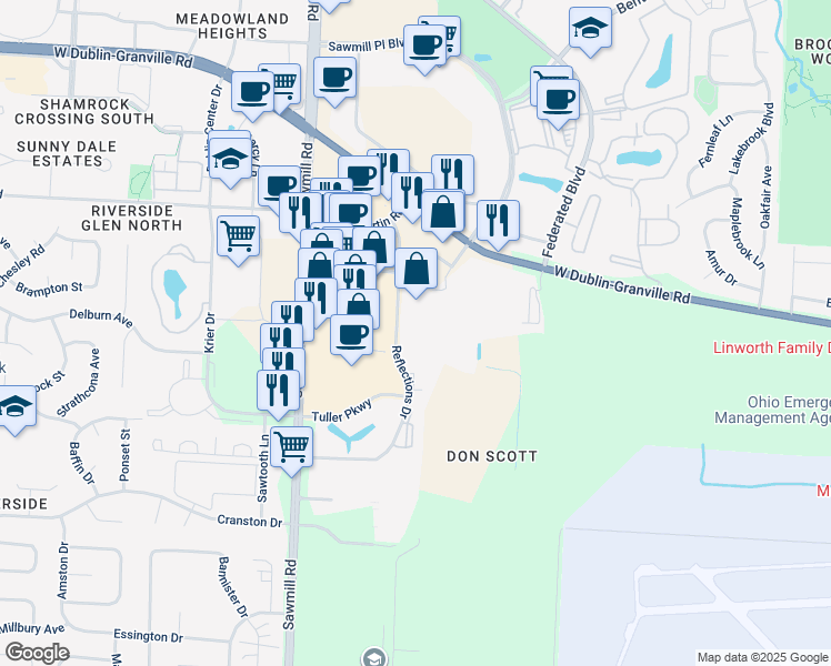 map of restaurants, bars, coffee shops, grocery stores, and more near 6606 Reflections Drive in Dublin