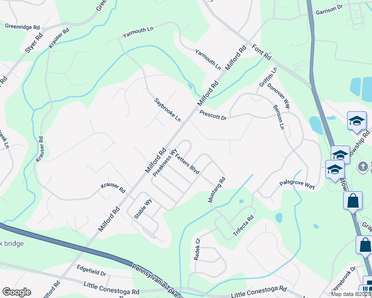 map of restaurants, bars, coffee shops, grocery stores, and more near 164 Preakness Way in Chester County