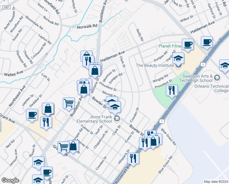 map of restaurants, bars, coffee shops, grocery stores, and more near 1946 President Street in Philadelphia