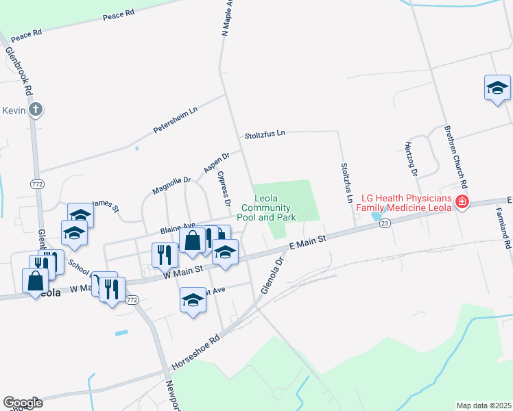 map of restaurants, bars, coffee shops, grocery stores, and more near 39 North Maple Avenue in Leacock-Leola-Bareville