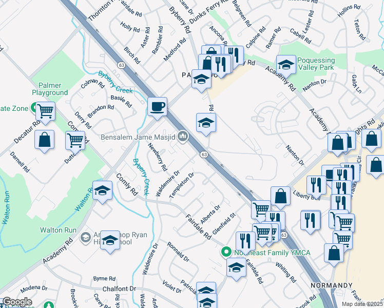 map of restaurants, bars, coffee shops, grocery stores, and more near 12046 Waldemire Drive in Philadelphia