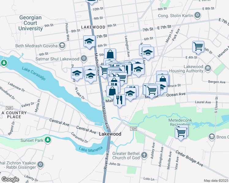 map of restaurants, bars, coffee shops, grocery stores, and more near in Lakewood