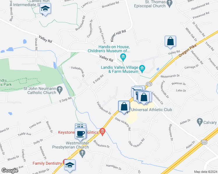 map of restaurants, bars, coffee shops, grocery stores, and more near 150 Valleybrook Drive in Lancaster