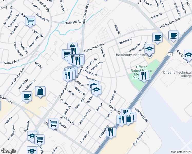 map of restaurants, bars, coffee shops, grocery stores, and more near 1946 President Street in Philadelphia