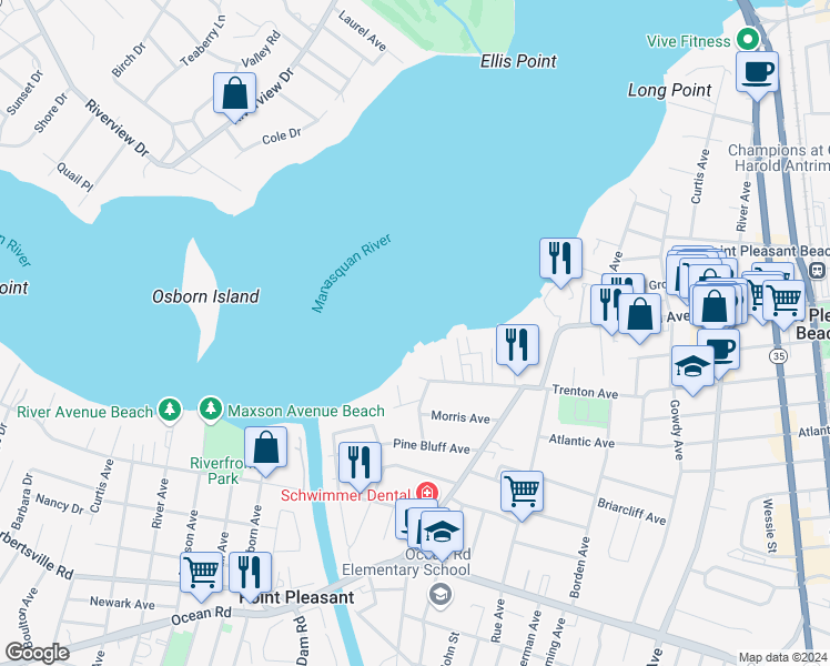 map of restaurants, bars, coffee shops, grocery stores, and more near 1136 Pine Bluff Avenue in Point Pleasant
