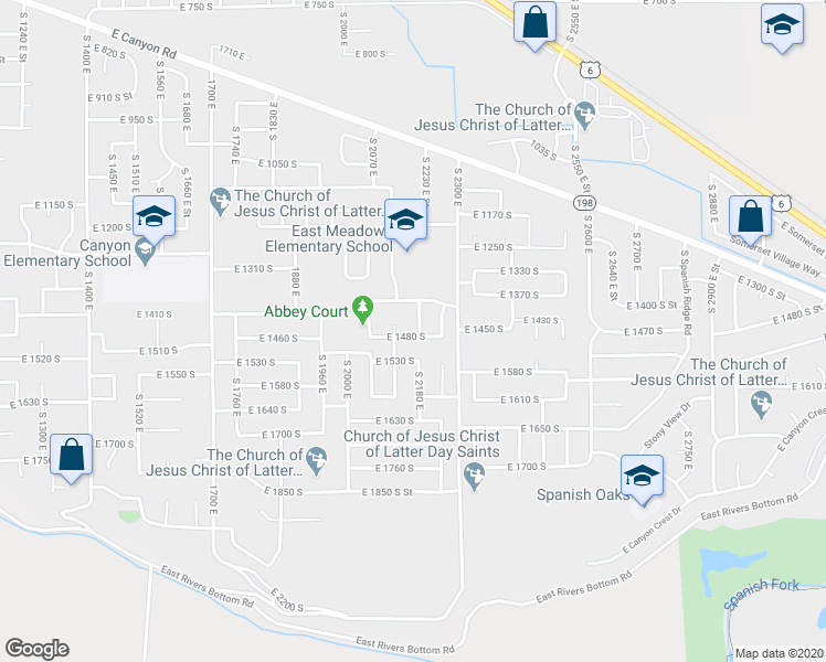 map of restaurants, bars, coffee shops, grocery stores, and more near 1476 2190 East in Spanish Fork