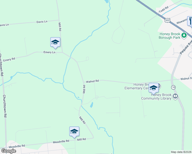 map of restaurants, bars, coffee shops, grocery stores, and more near 1775 Walnut Road in Honey Brook