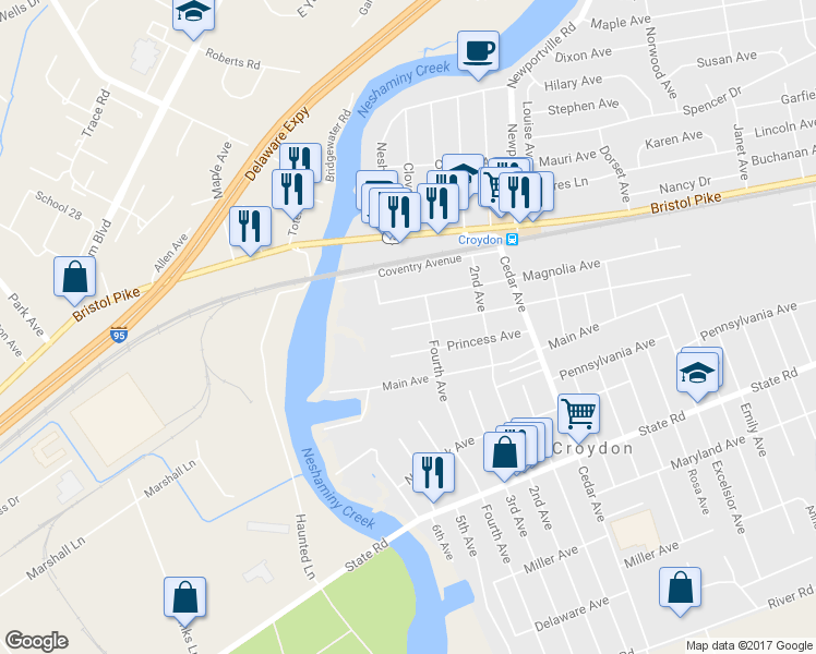 map of restaurants, bars, coffee shops, grocery stores, and more near 418 Sycamore Avenue in Croydon