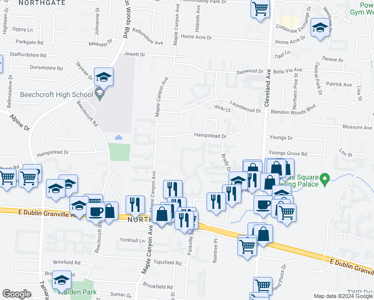 map of restaurants, bars, coffee shops, grocery stores, and more near 5980 Slippery Rock Drive in Columbus