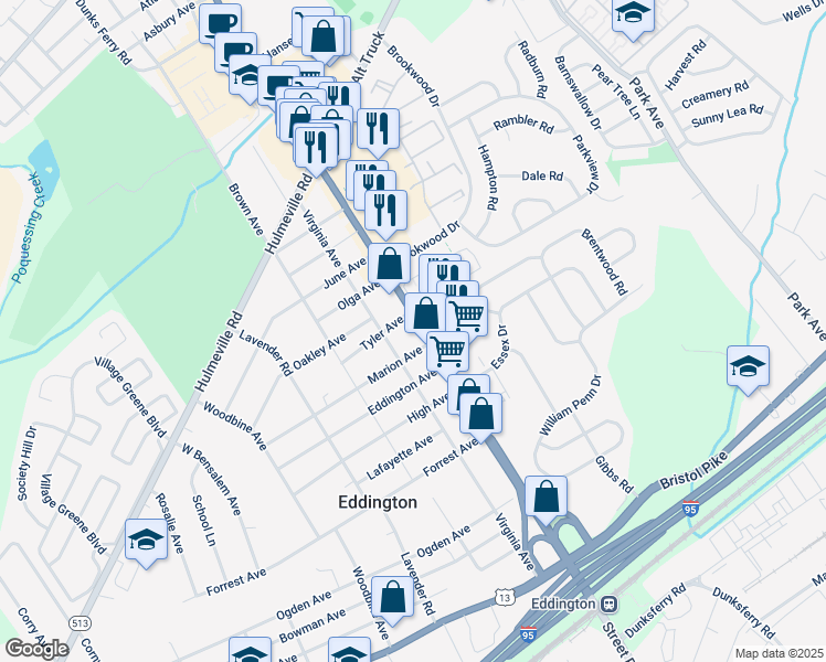 map of restaurants, bars, coffee shops, grocery stores, and more near 1526 Street Road in Bensalem