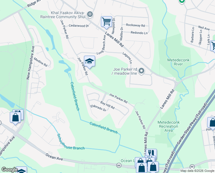 map of restaurants, bars, coffee shops, grocery stores, and more near 18 Bay Hill Road in Lakewood