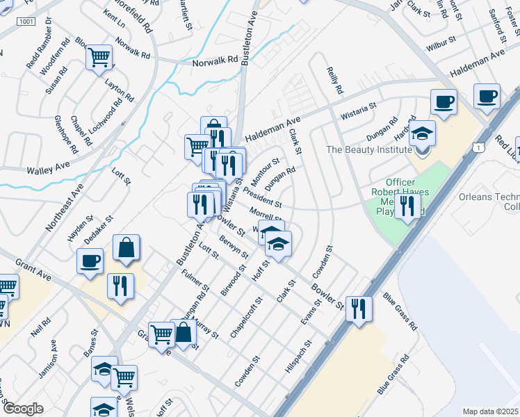 map of restaurants, bars, coffee shops, grocery stores, and more near 1929 Morrell Street in Philadelphia