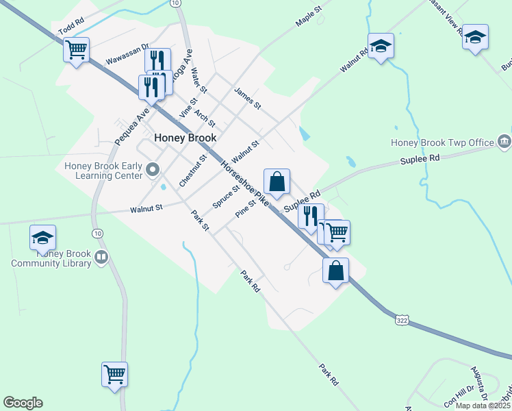 map of restaurants, bars, coffee shops, grocery stores, and more near 910 Pine Street in Honey Brook