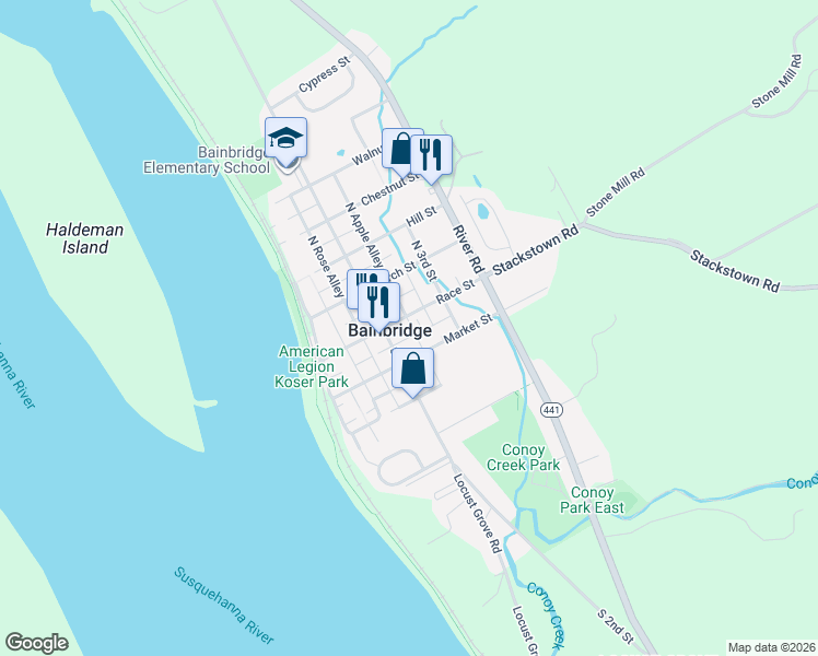 map of restaurants, bars, coffee shops, grocery stores, and more near 216 Market Street in Bainbridge