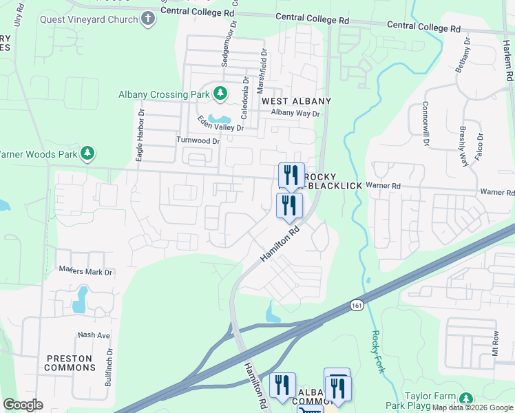 map of restaurants, bars, coffee shops, grocery stores, and more near 6155 Kirklington Circle in Westerville